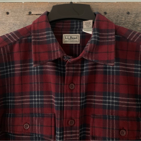 Men’s L REG L.L. BEAN Dark Red & Navy Plaid 100% Cotton Chamois Shirt Jacket EC - Picture 2 of 12